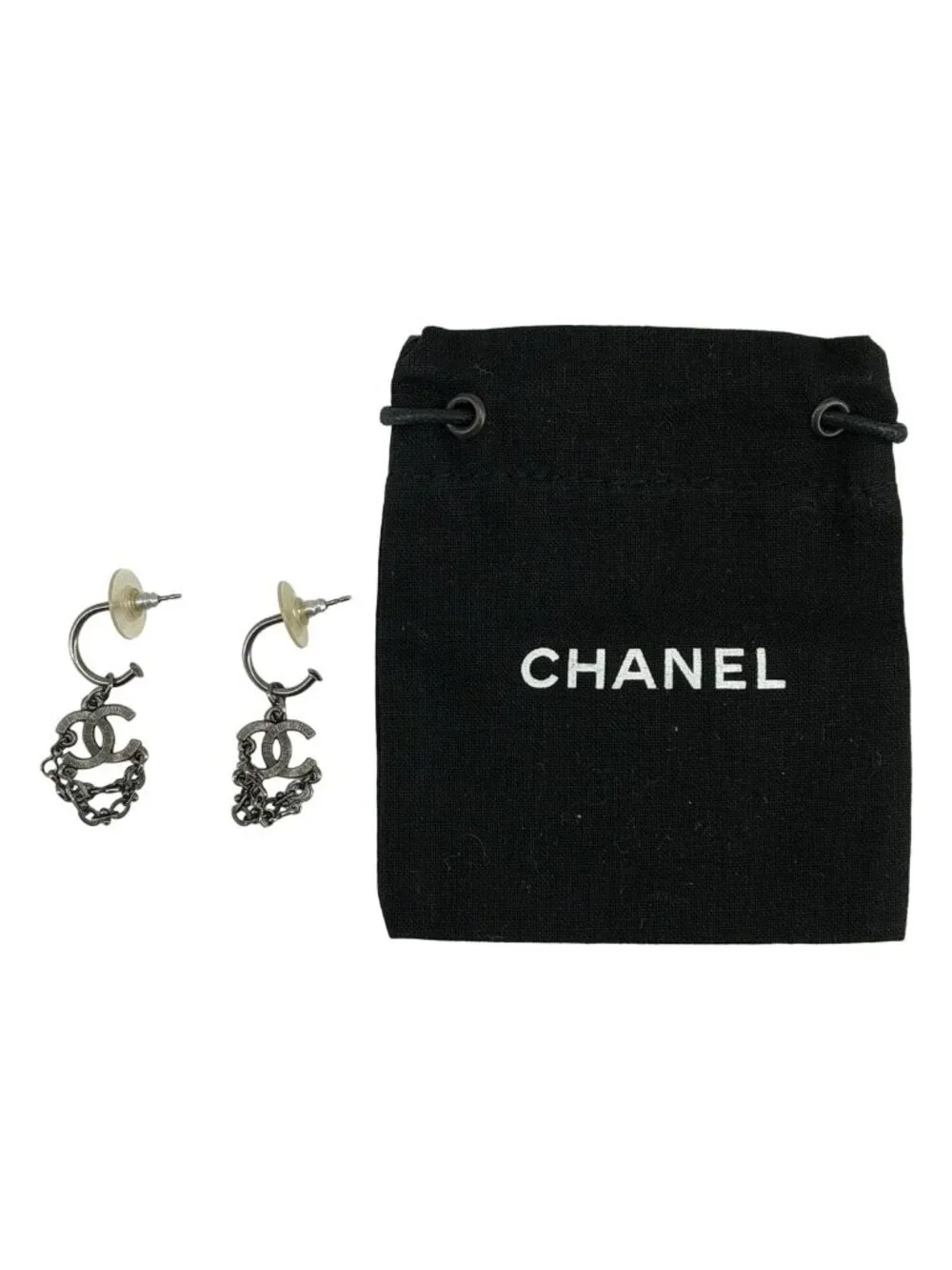 Chanel CC Logo Chain Earrings Silver